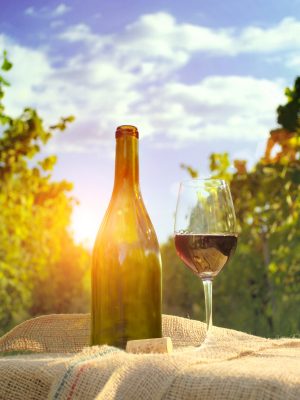 Glass of wine with wine bottle in front of vineyards on the background. Green bottle and glass of wine on the canvas cloth. Alcohol and food composition for restaurant menu.